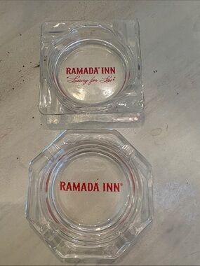 Ramada Inn Clear Glass Ashtrays with Red Logo Set of 2